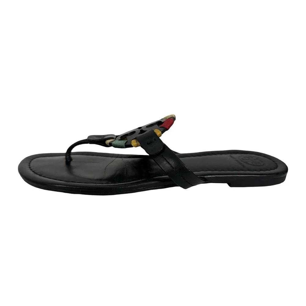 TORY BURCH Embroidered Perfect Black Matte Leather Miller Logo Sandals Size 8 M